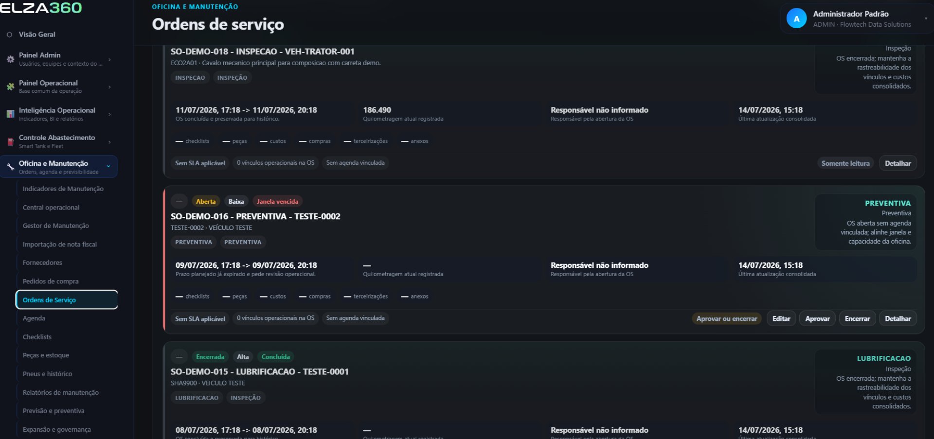 Lista de próximas manutenções por quilometragem na plataforma ELZA360